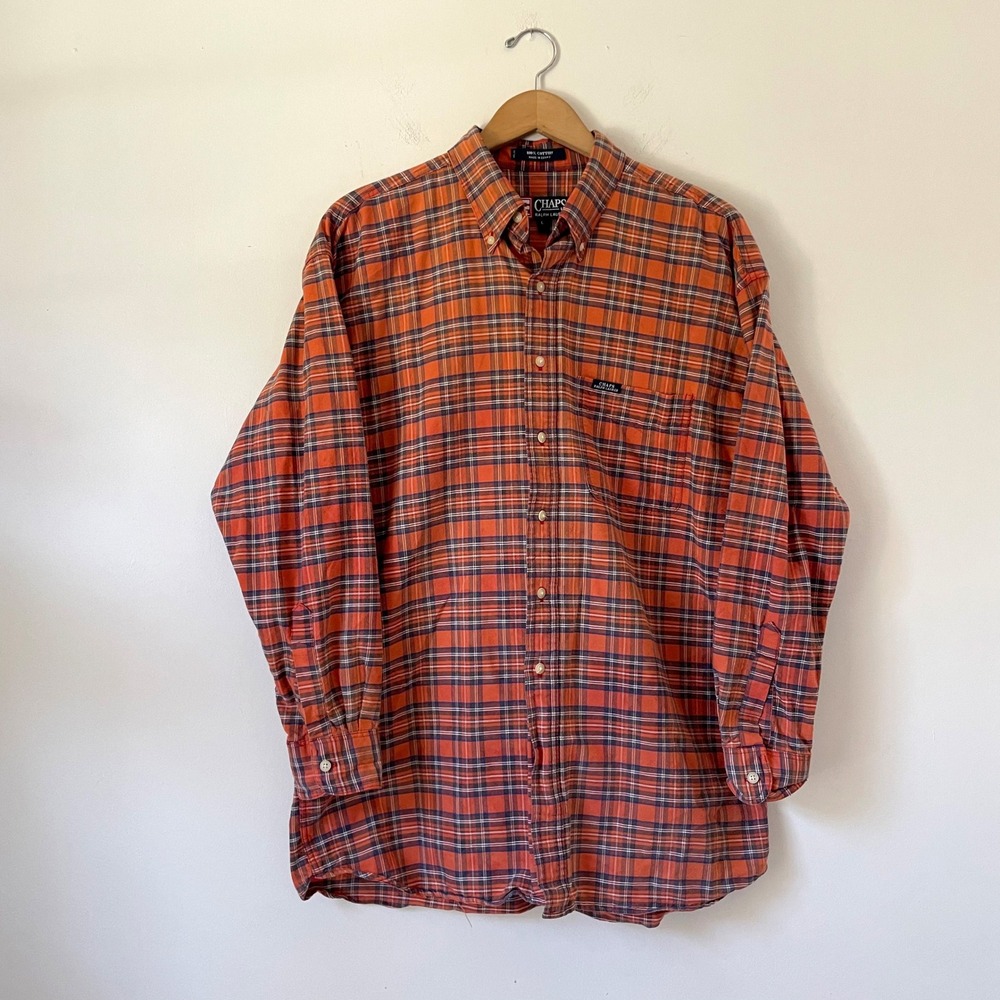 Chaps Ralph Lauren Mens Plaid Button Down Large Cotton Orange Preppy Shirt